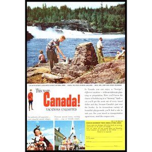 1954 Canada Vacation Travel Vintage Print Ad Nature Waterfalls Fishing Wall Art